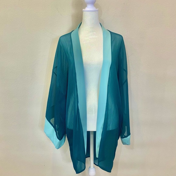 NWT Xhilaration XS/S Emerald Kimono with Blue Hemlines - Picture 3 of 14